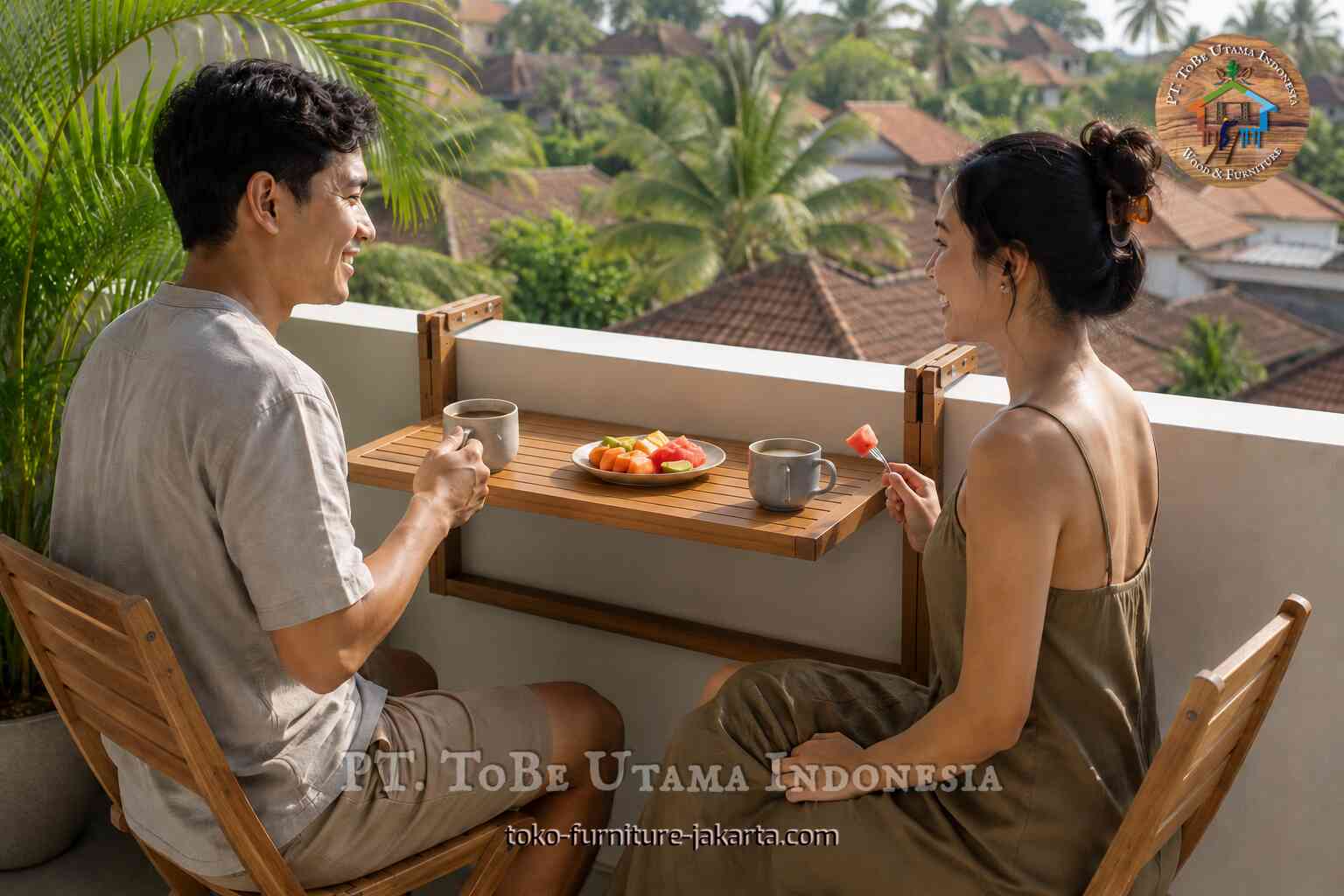 Sepasang kekasih menikmati kopi dan buah-buahan di meja gantung kayu di balkon dengan pemandangan tropis.