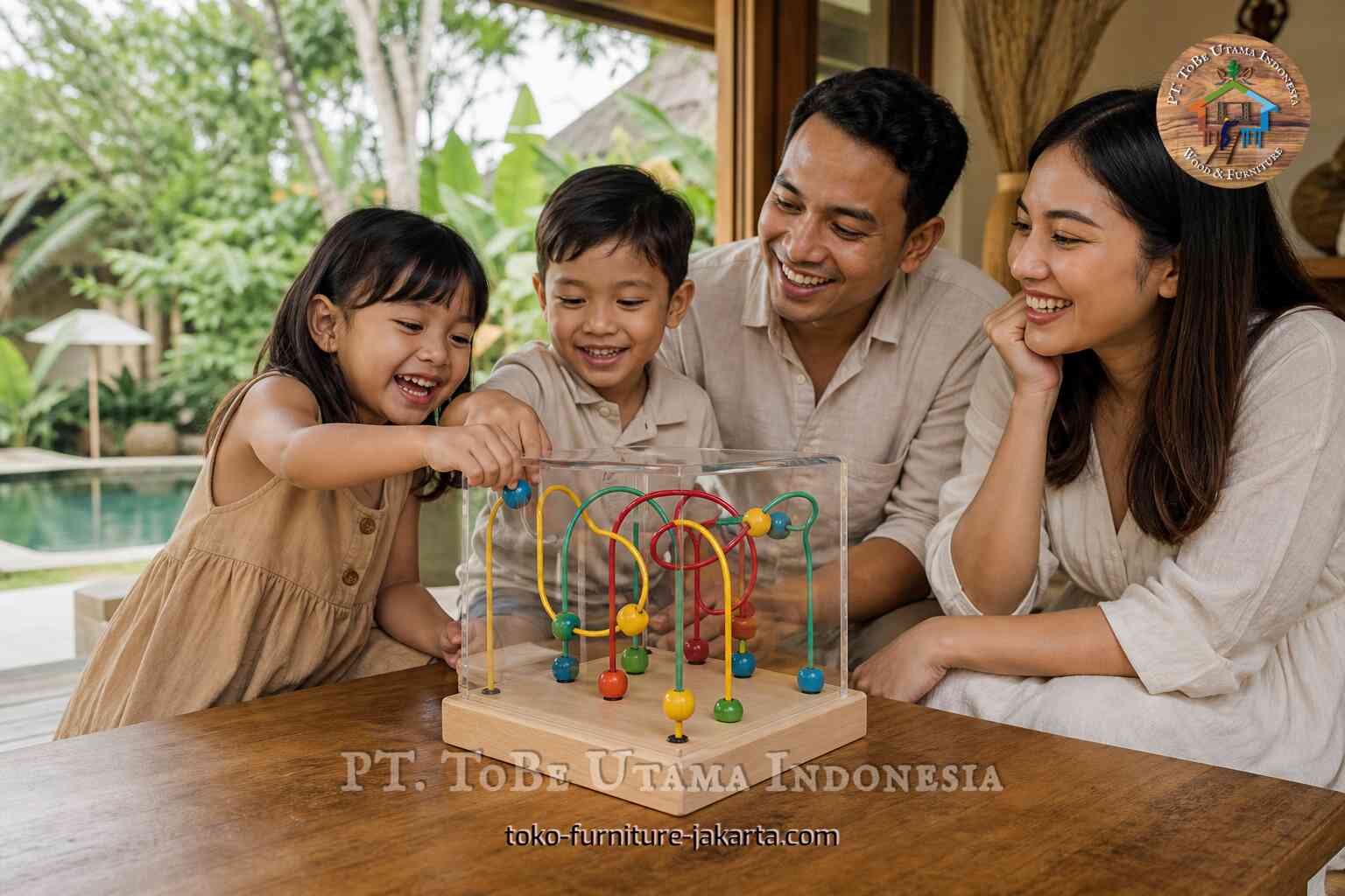 Keluarga tersenyum saat dua anak bermain dengan mainan labirin manik-manik warna-warni di atas meja kayu.