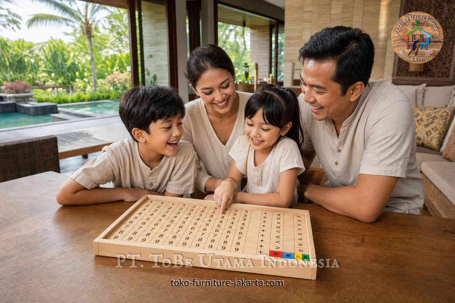 Keluarga tersenyum mengelilingi papan aktivitas angka kayu di atas meja dalam suasana rumah yang cerah.