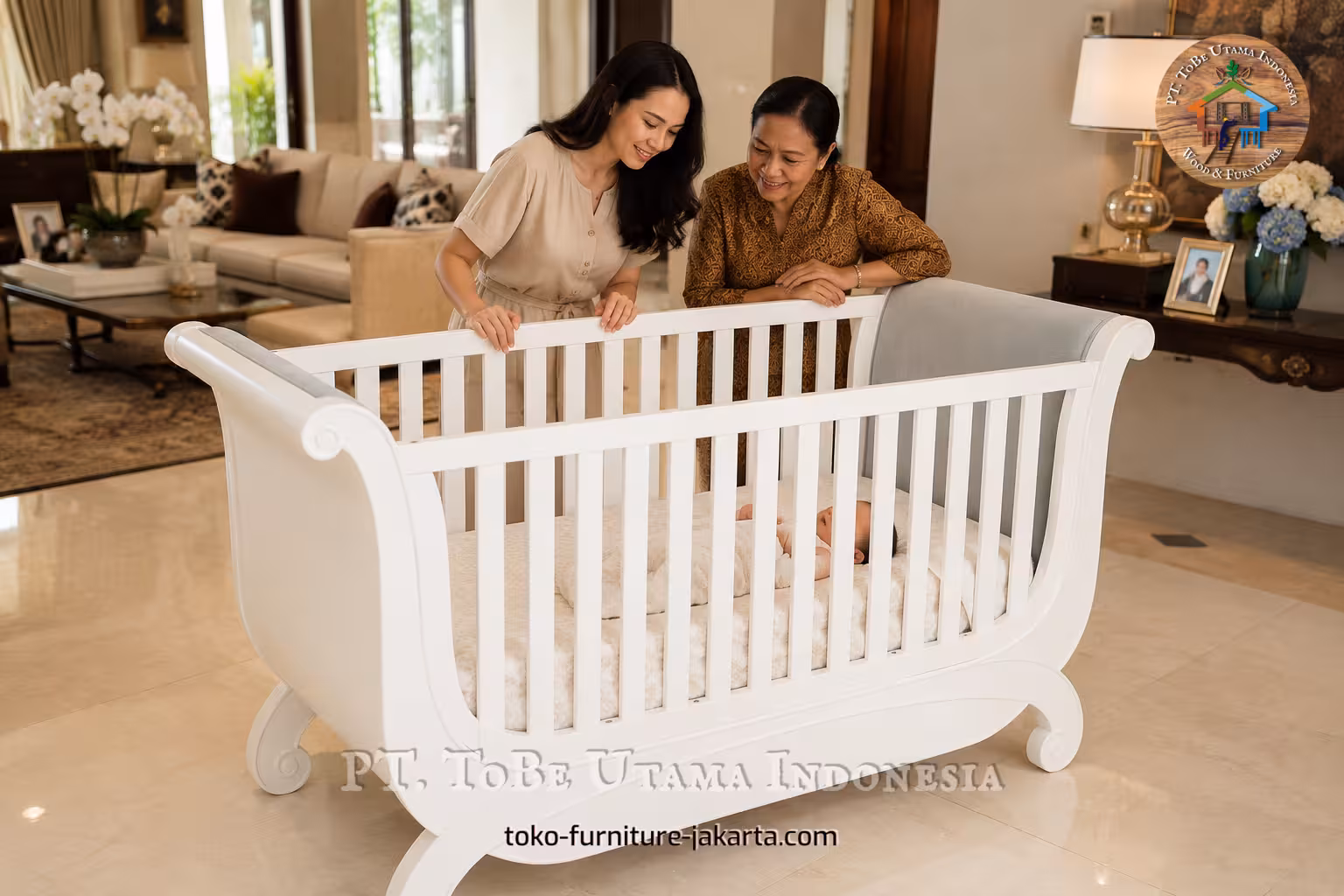Ranjang bayi model kereta luncur berwarna putih dengan bayi di dalamnya, di samping dua wanita di ruang tamu yang elegan.