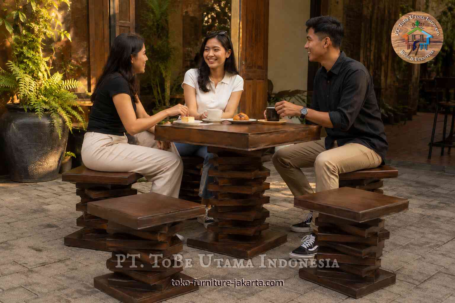 Wooden outdoor book-style table and stool set on a patio with people having coffee