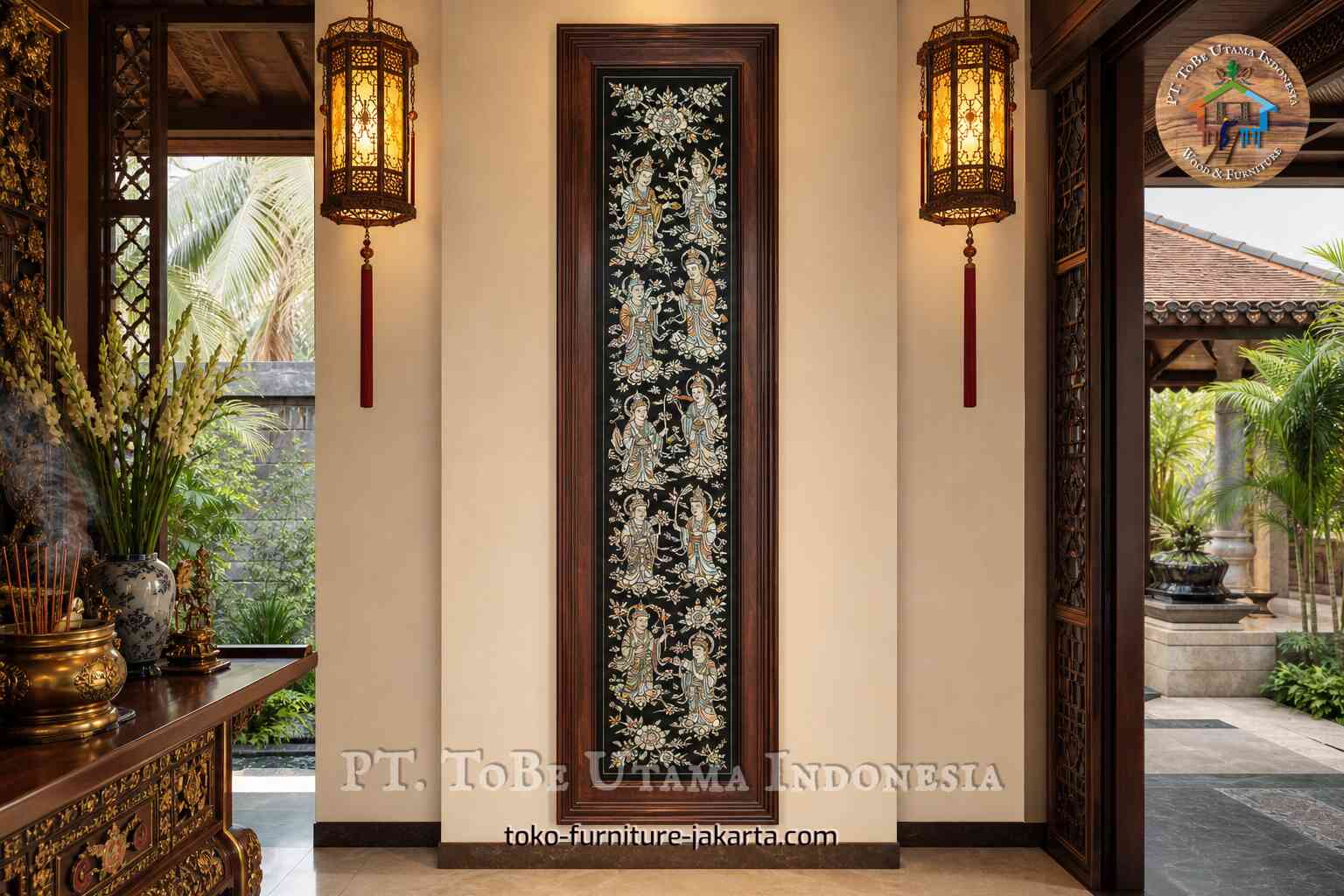 Framed vertical decorative wall panel with eight robed figures and floral motifs