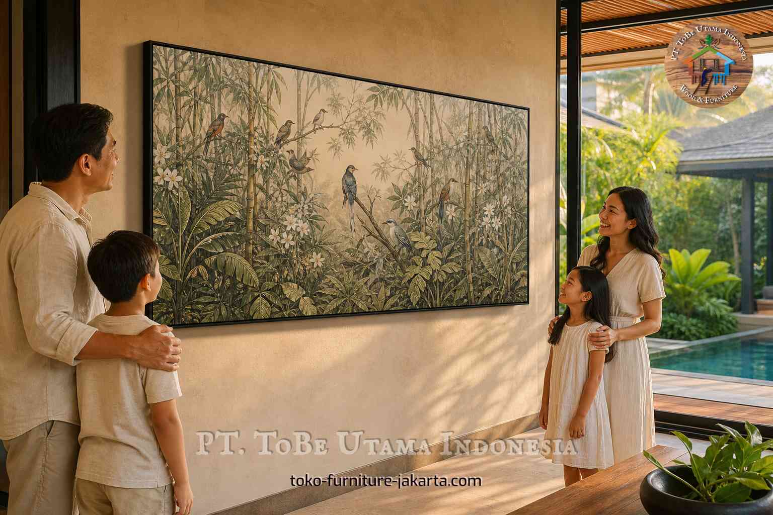 Family viewing a large framed bird and botanical wall artwork in a bright tropical home interior