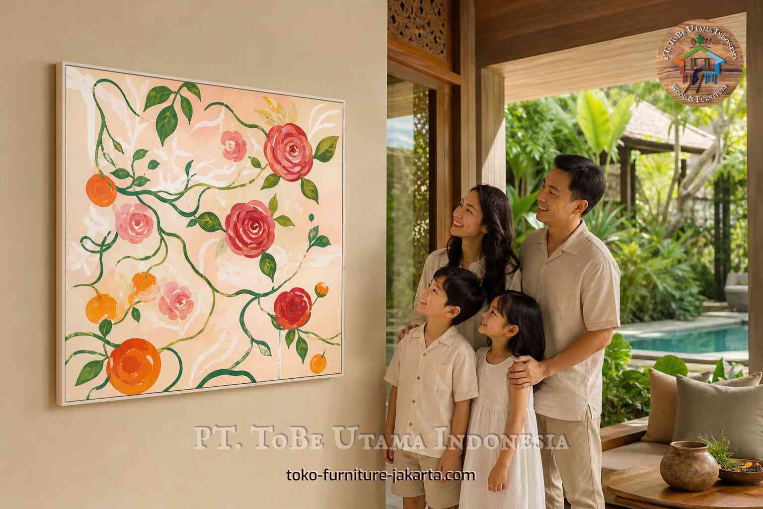Family looking at framed floral vine wall art with red and orange flowers in a bright tropical home