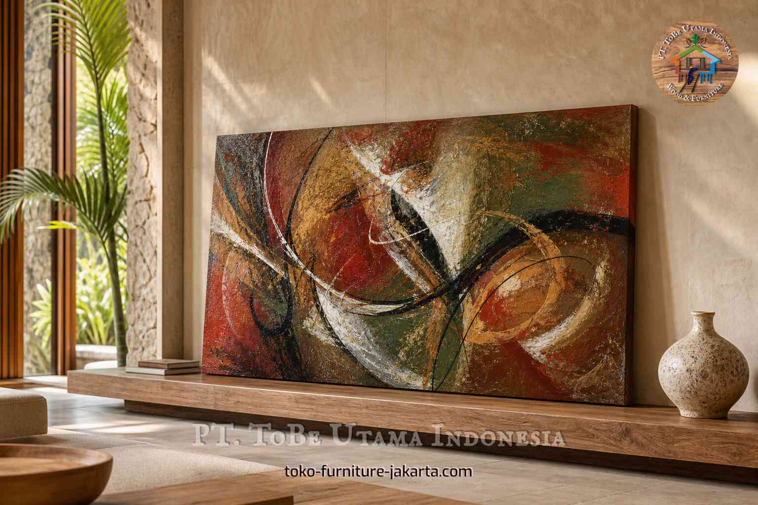 Seni dinding abstrak bernuansa kaligrafi dengan warna-warna tanah dipajang dalam interior modern yang tenang.