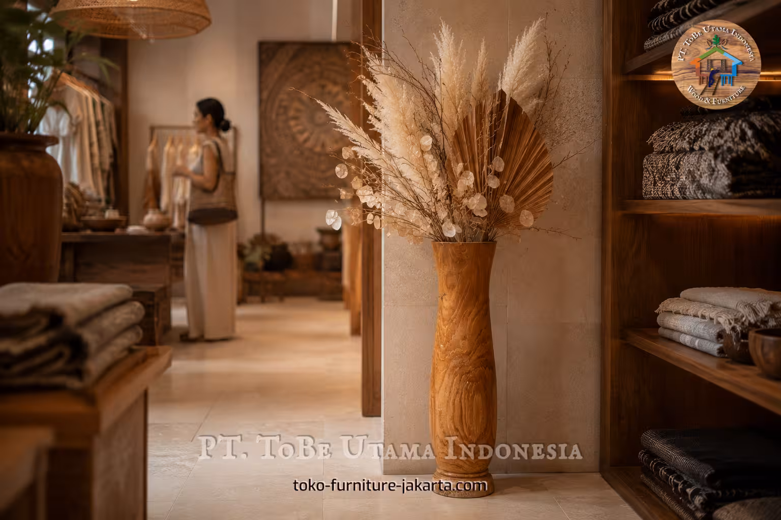 Vas lantai tinggi berbahan kayu dengan tanaman kering di interior butik.