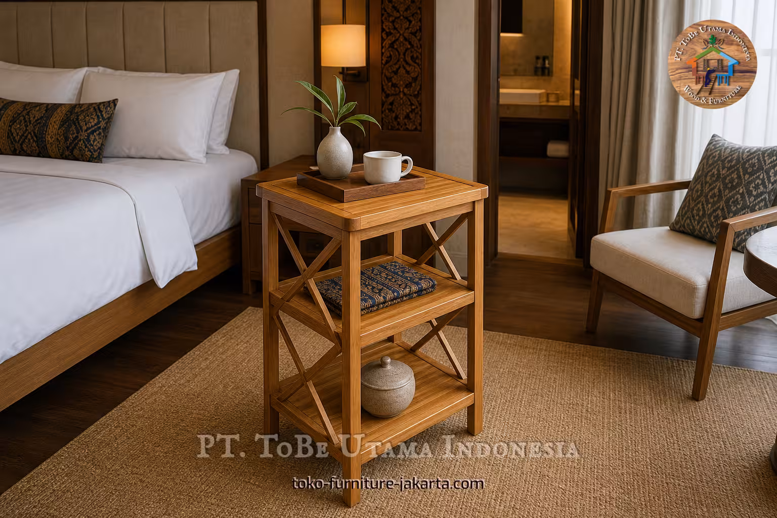 Rak penyimpanan bertingkat dari kayu dengan rak terbuka yang diletakkan di samping tempat tidur hotel dengan barang-barang dekorasi.