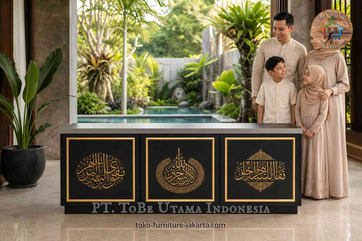 Sebuah keluarga berdiri di samping panel kaligrafi Arab berbingkai hitam dan emas di rumah tropis yang terang.