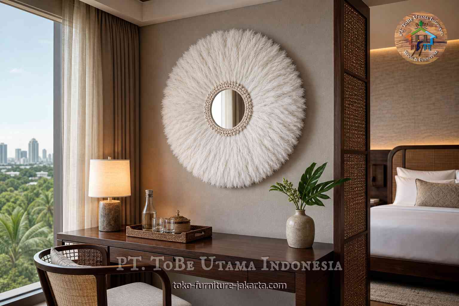 Round white feather-framed decorative mirror above a wooden desk in a warm hotel room with city views