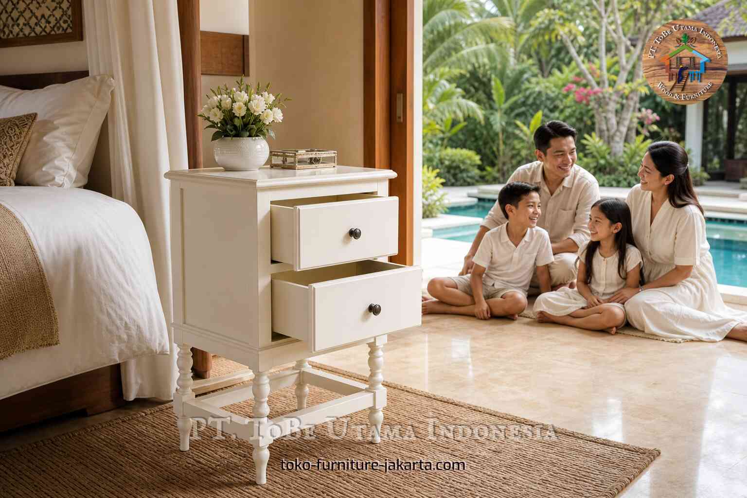 White two-drawer night stand with open drawers beside a bed, with flowers and family in background
