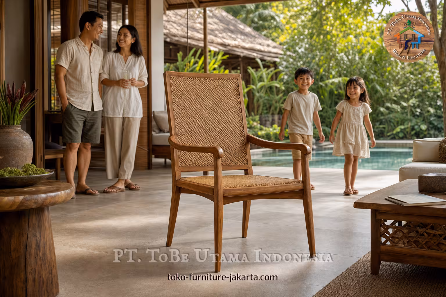Kursi berlengan kayu bergaya antik dengan panel anyaman rotan di teras tepi kolam renang tropis dengan keluarga di belakangnya.
