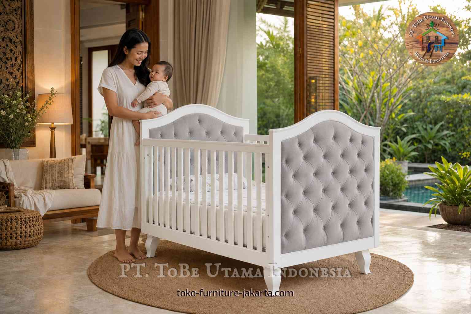 Ranjang bayi bergaya Prancis berwarna putih dengan panel abu-abu berumbai di samping seorang ibu yang menggendong bayi di rumah yang terang.
