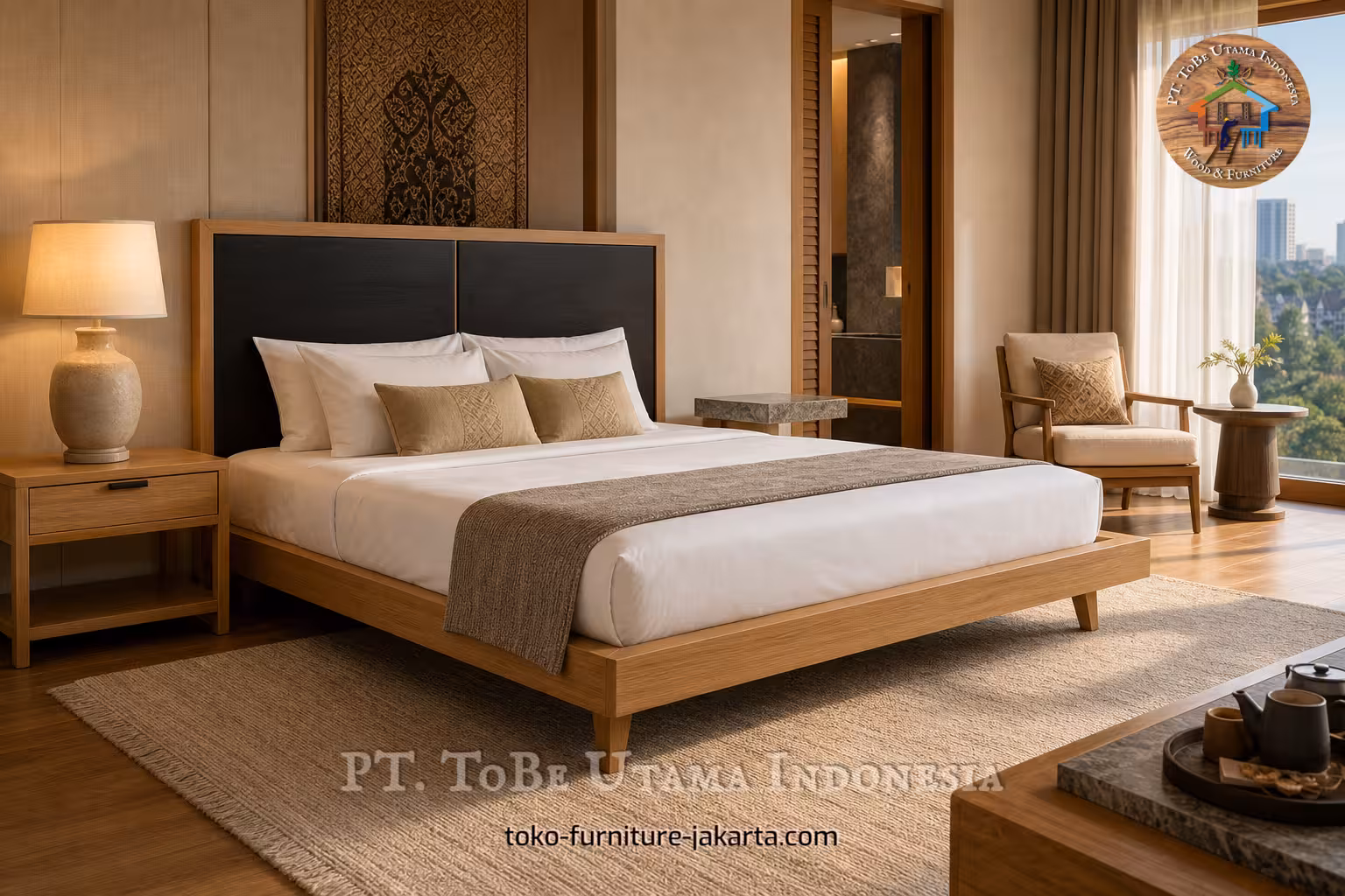 Minimalist bed frame in a warm hotel bedroom with neutral bedding, lamp, lounge chair, window, and rug