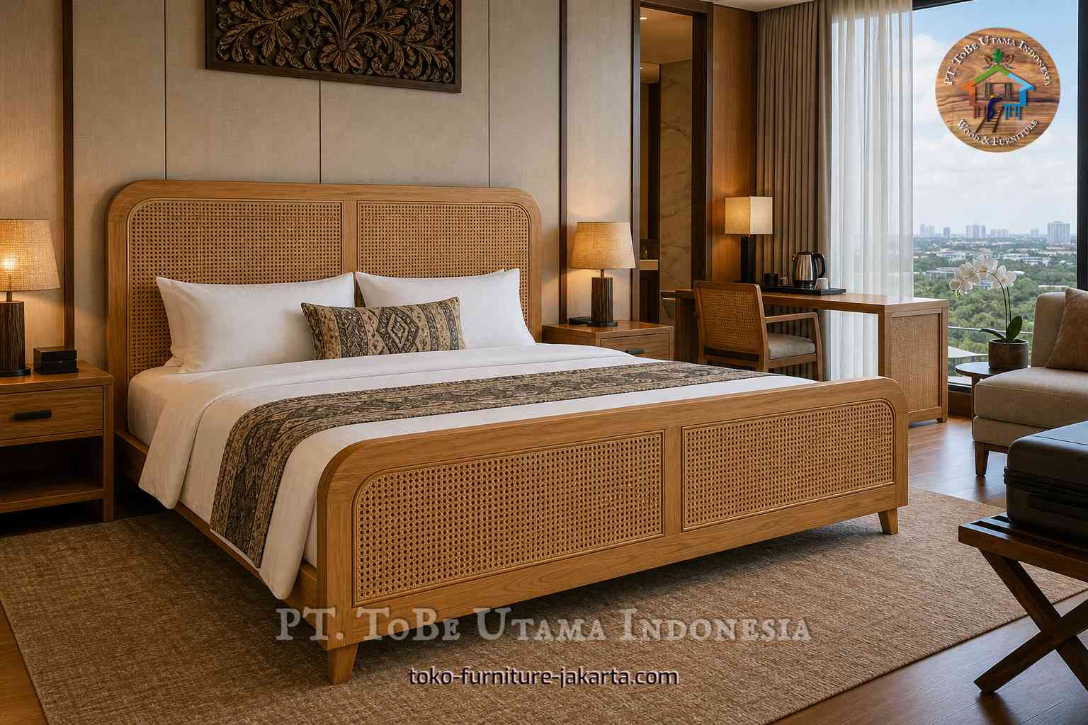 Queen bed with warm wood frame and woven rattan panels in a modern hotel room with city view