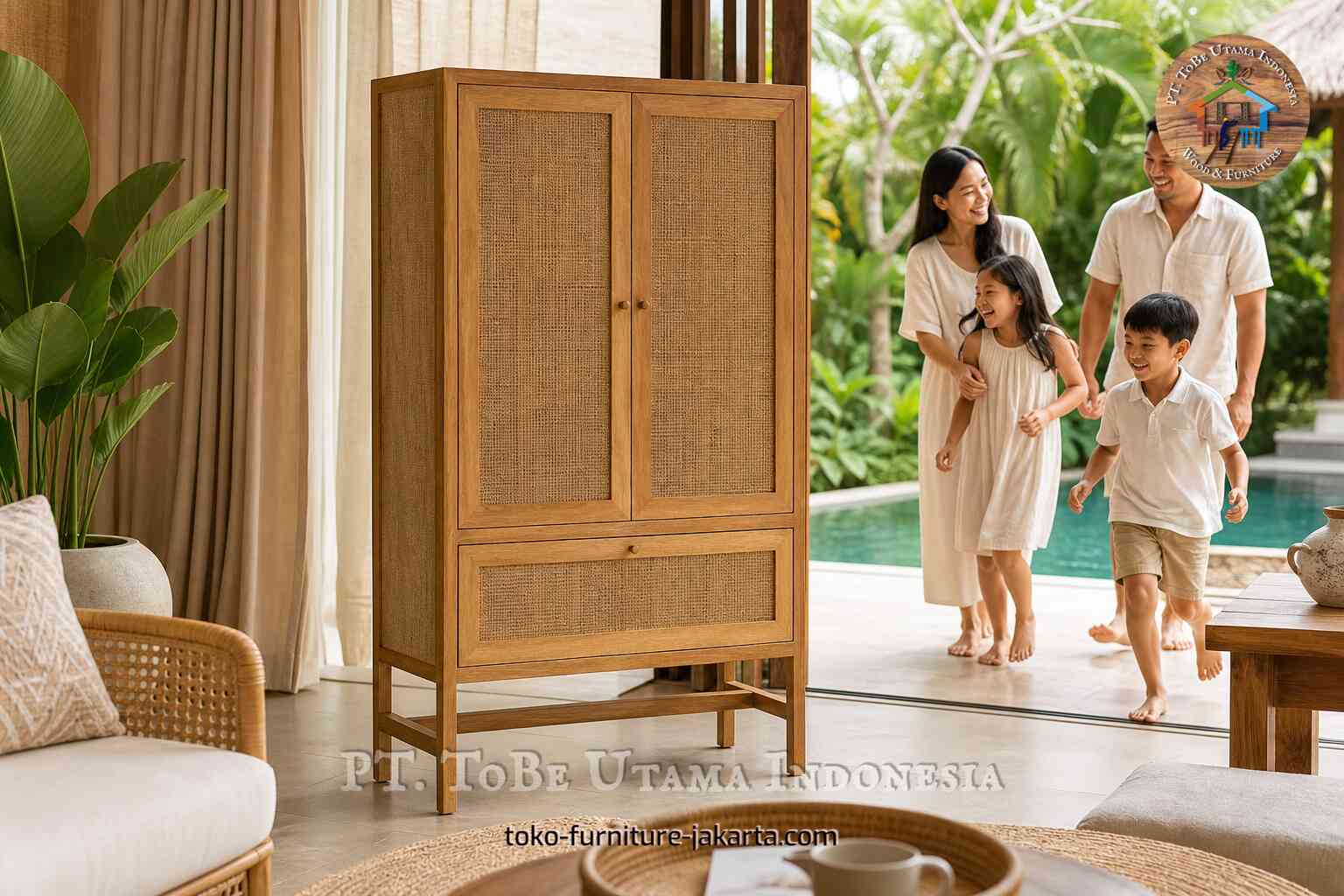 Kabinet minimalis bernuansa kayu dengan panel bermotif anyaman di ruang keluarga yang terang dan berdekatan dengan kolam renang.
