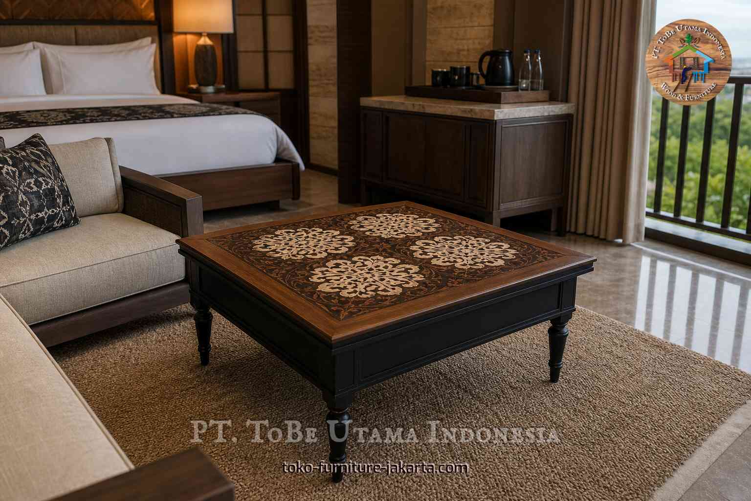 Ornamental square table with patterned top in a warm hotel room lounge