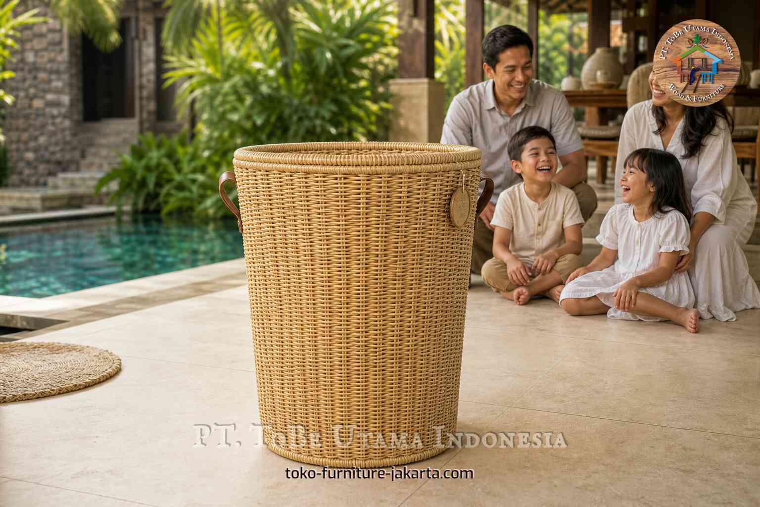 Tempat pot tanaman anyaman berwarna natural di teras samping kolam renang dengan keluarga di latar belakang.