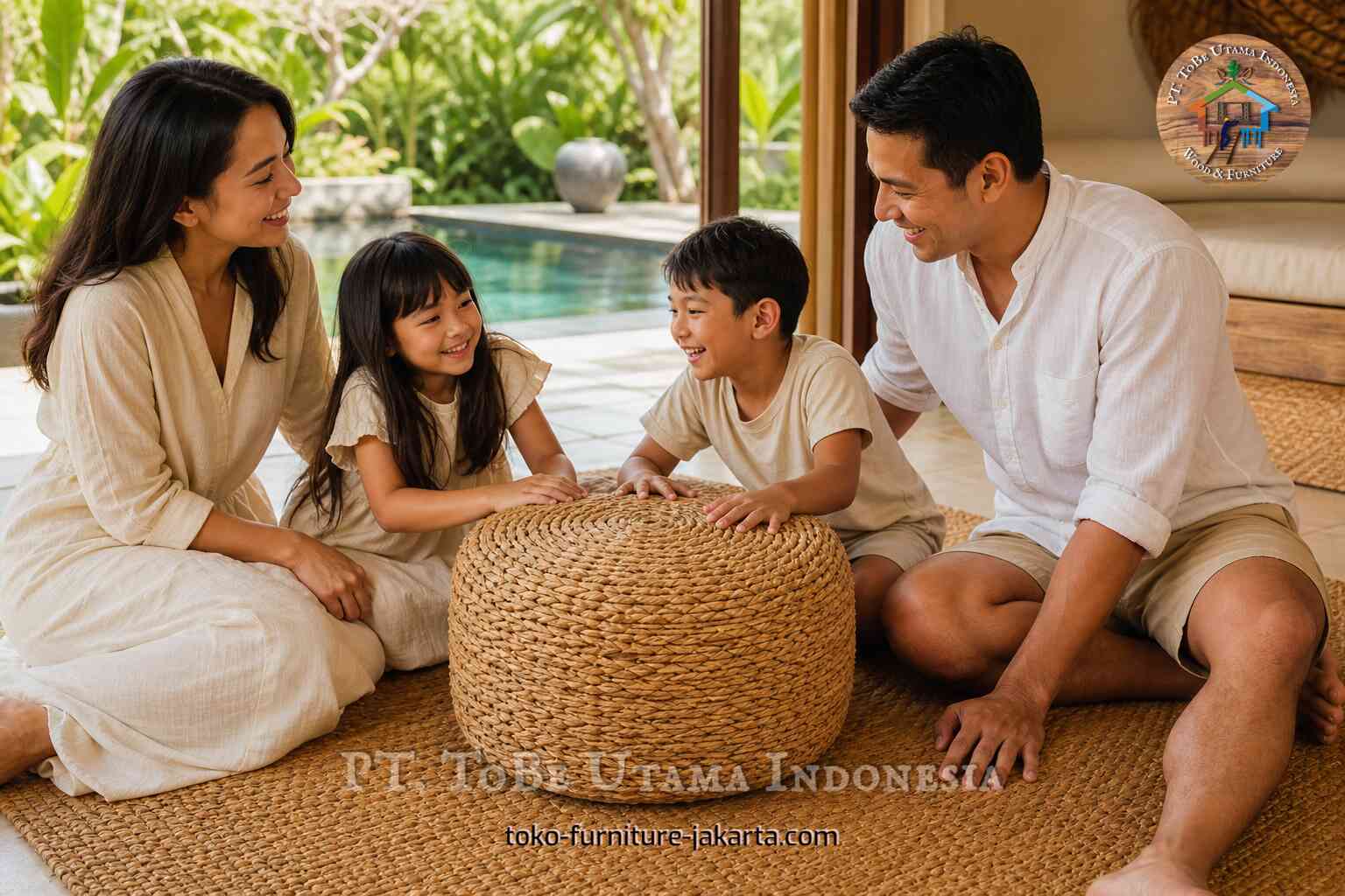 Round tan woven-look stool in a relaxed family room beside a pool