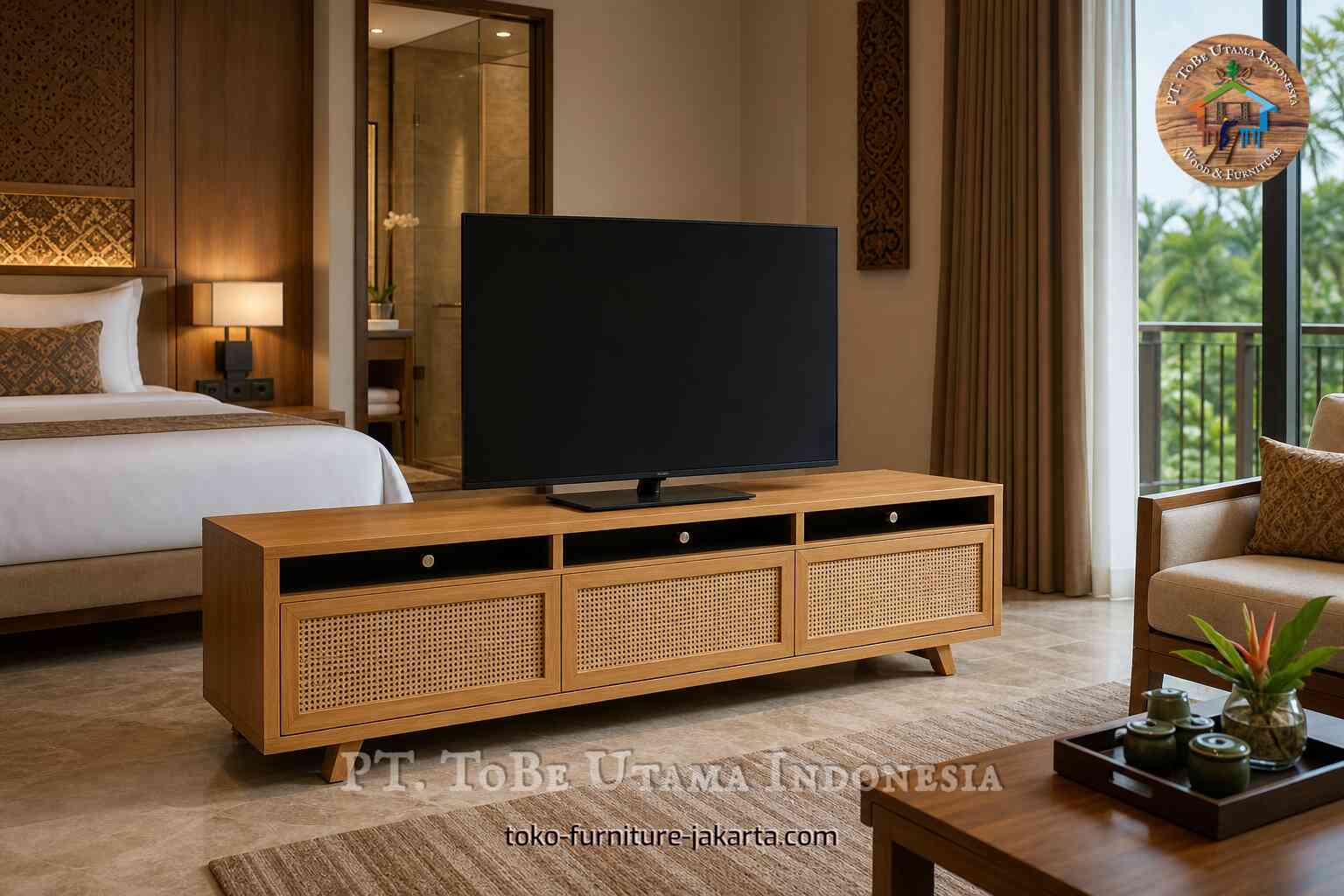 Kabinet TV bernuansa kayu dengan panel bawah bermotif anyaman di kamar hotel yang hangat.