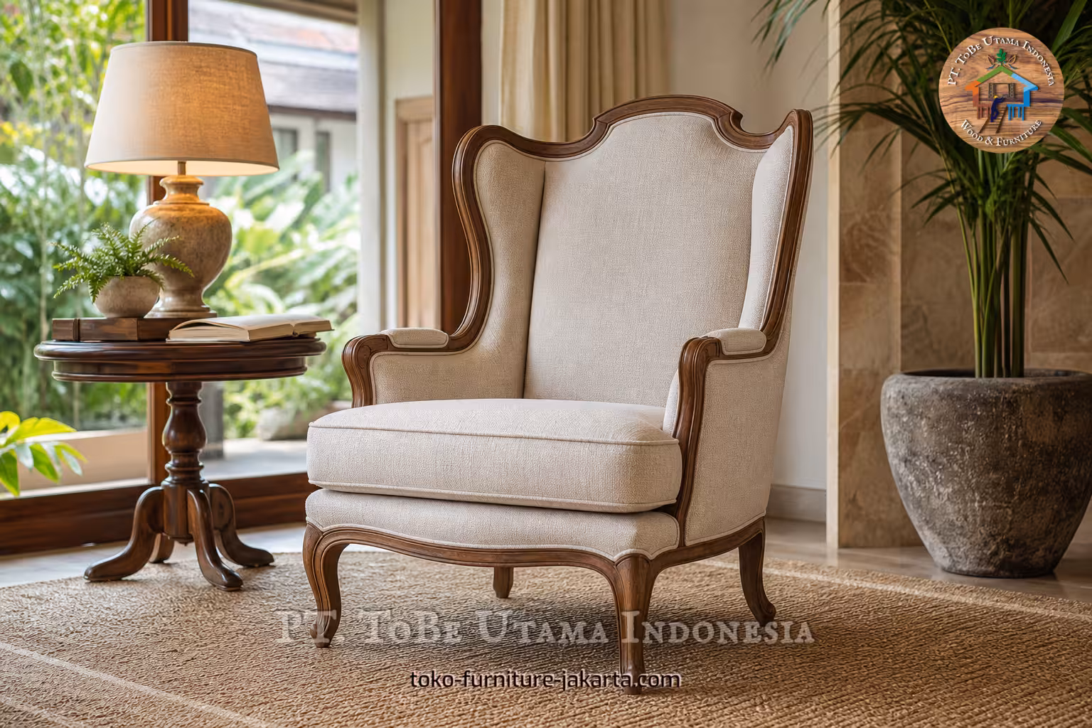 Kursi ruang tamu bergaya wingback dengan pelapis kain berwarna terang, lengan melengkung, dan rangka berwarna kayu hangat.