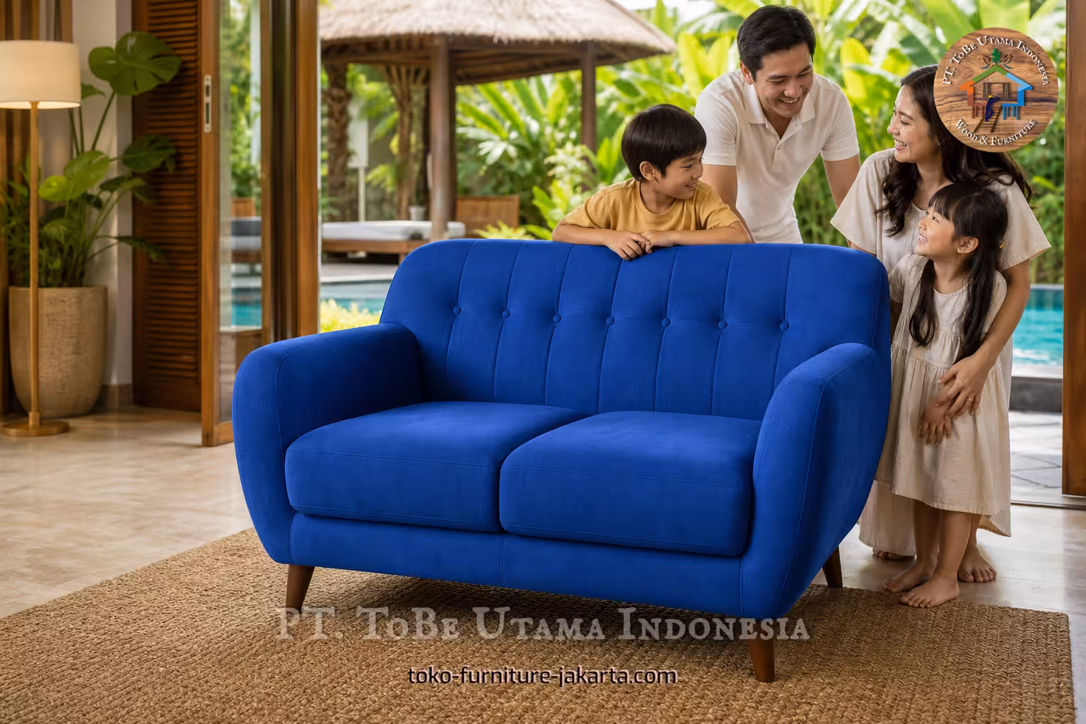 Bright blue club-style sofa with rounded arms, tufted back, and two cushions in a family interior