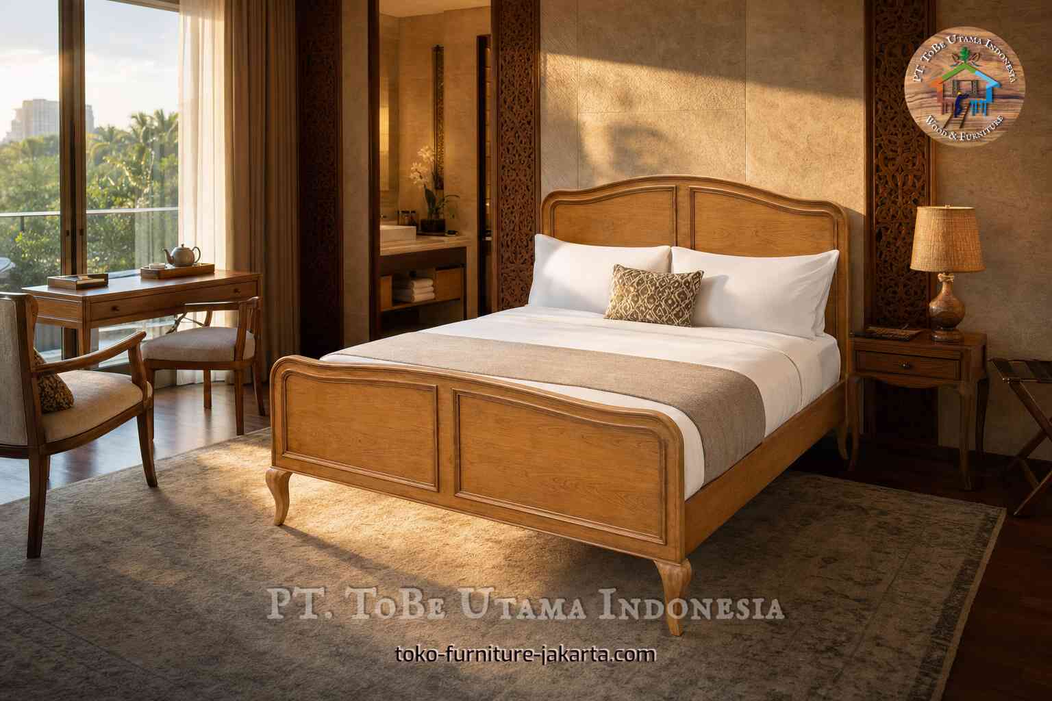 Wood bed frame with white bedding in a warm hotel room