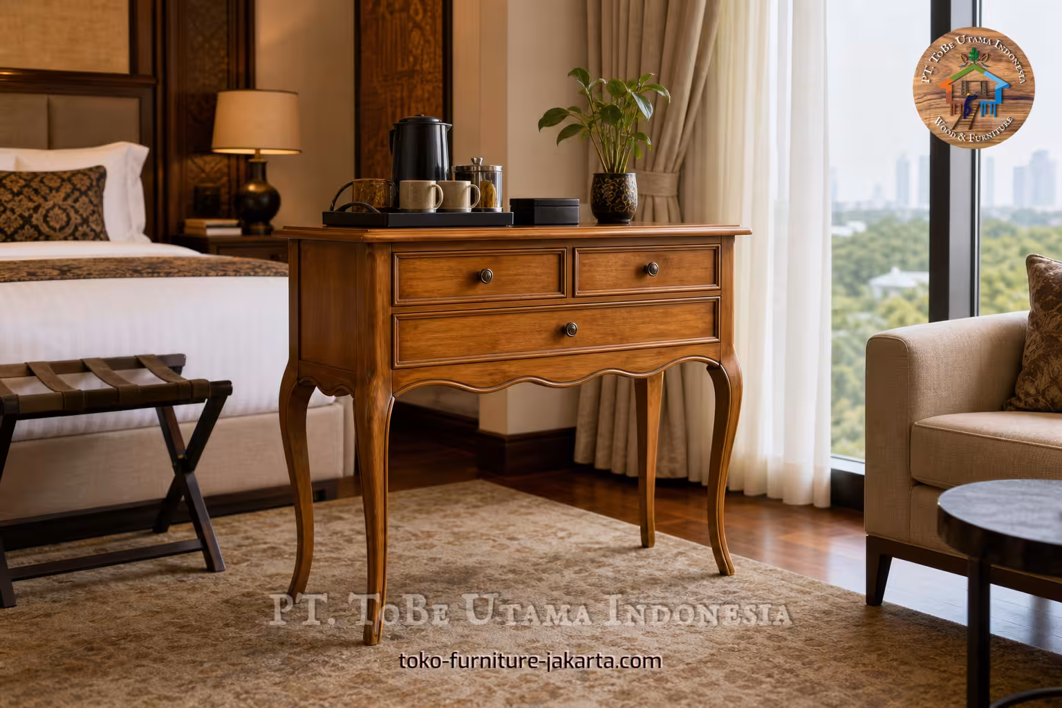 Wood-toned chest of drawers with tea tray and plant in a hotel room by a city-view window