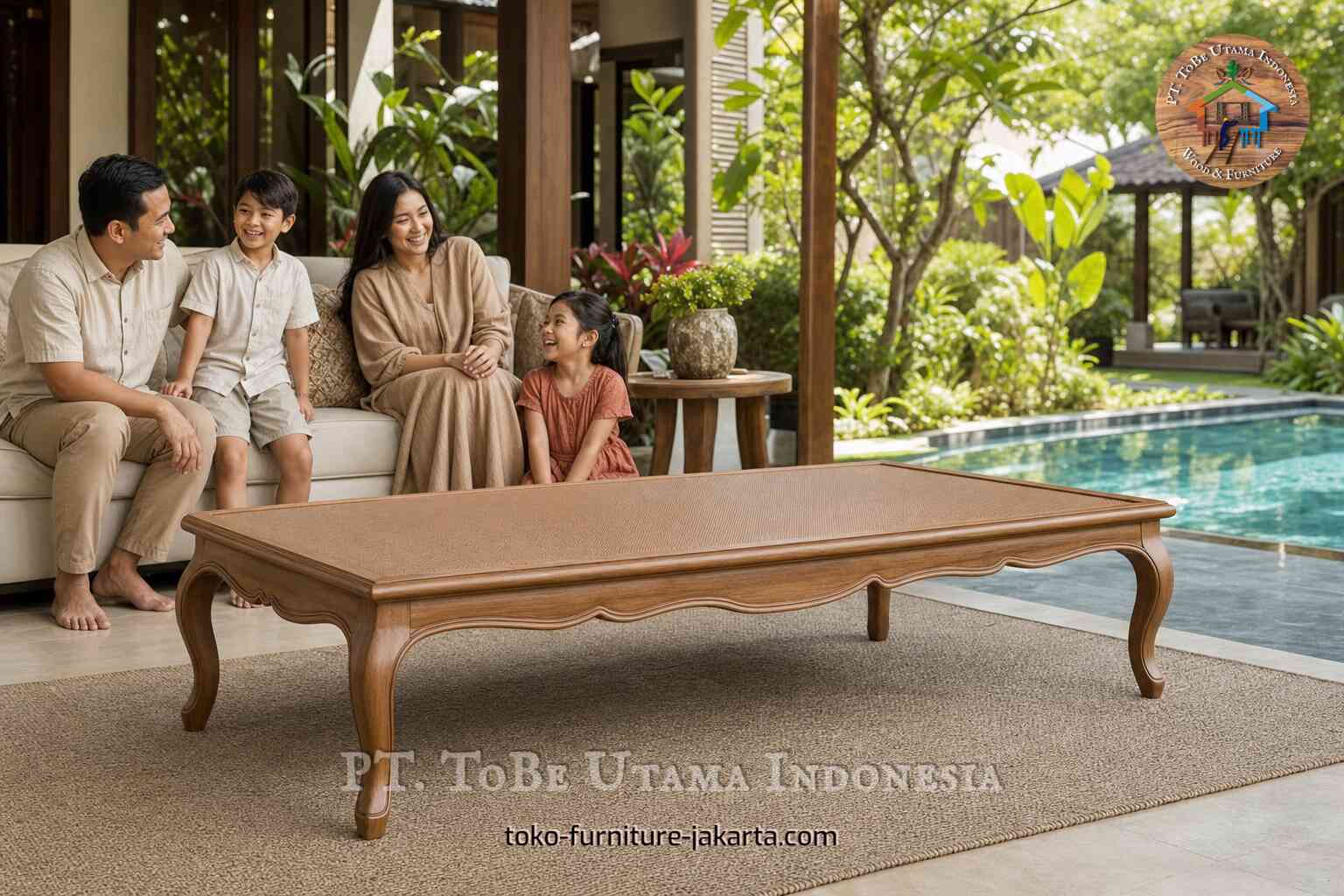 Meja kopi persegi panjang berornamen dengan warna kayu di ruang santai keluarga di tepi kolam renang.