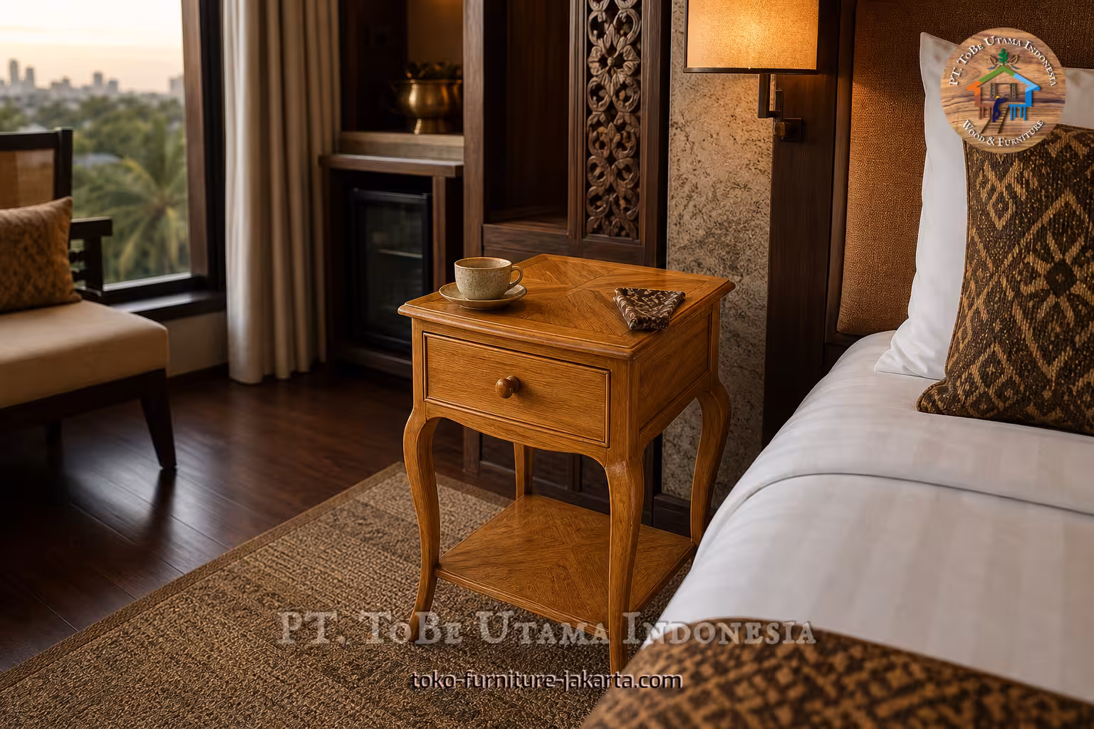 Warm wood-toned night table with one drawer, curved legs, and lower shelf beside a hotel bed