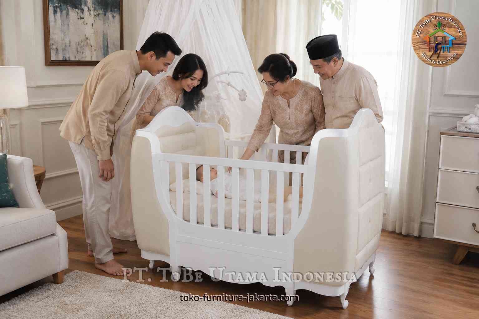 White royal-style baby cot with curved ends in an elegant nursery family scene