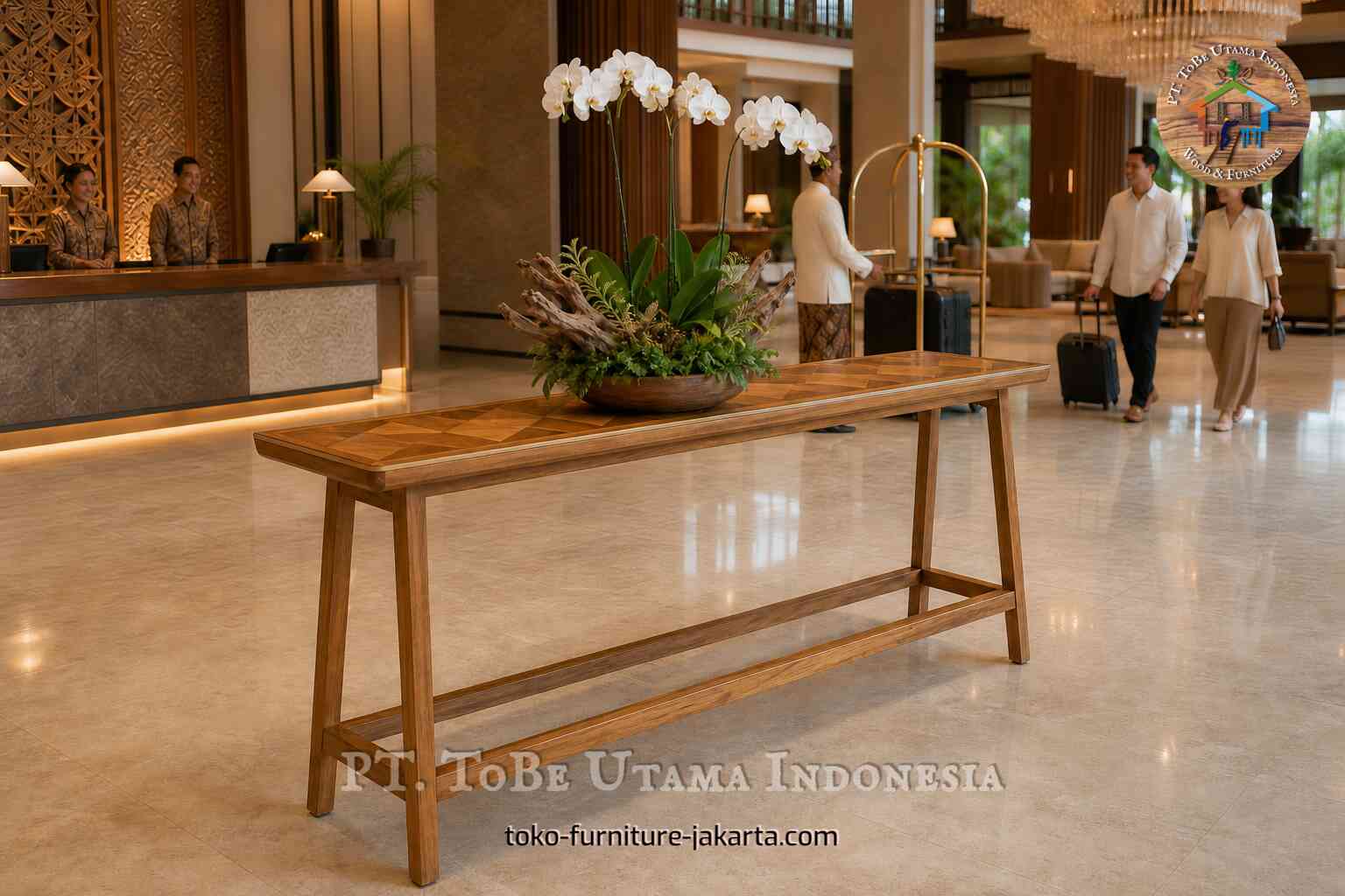 Slim wood-look console table with orchid display in a warm hotel lobby with guests