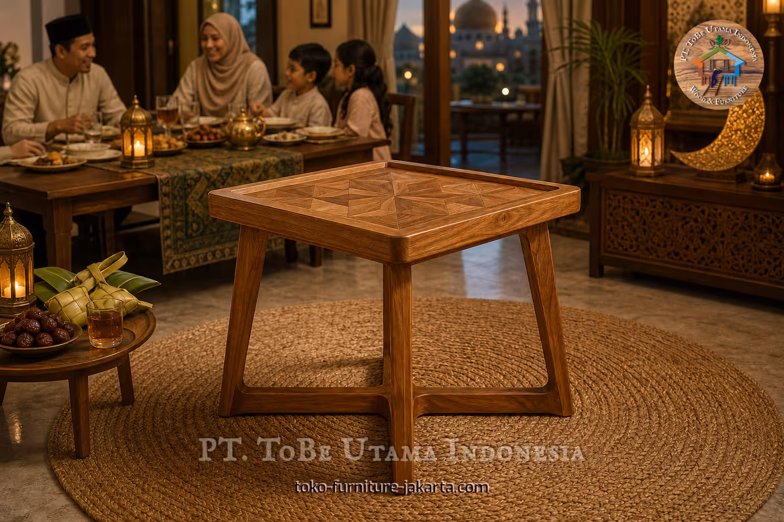 Small square wood-toned table in a Ramadan-themed family dining room with lanterns and crescent decor