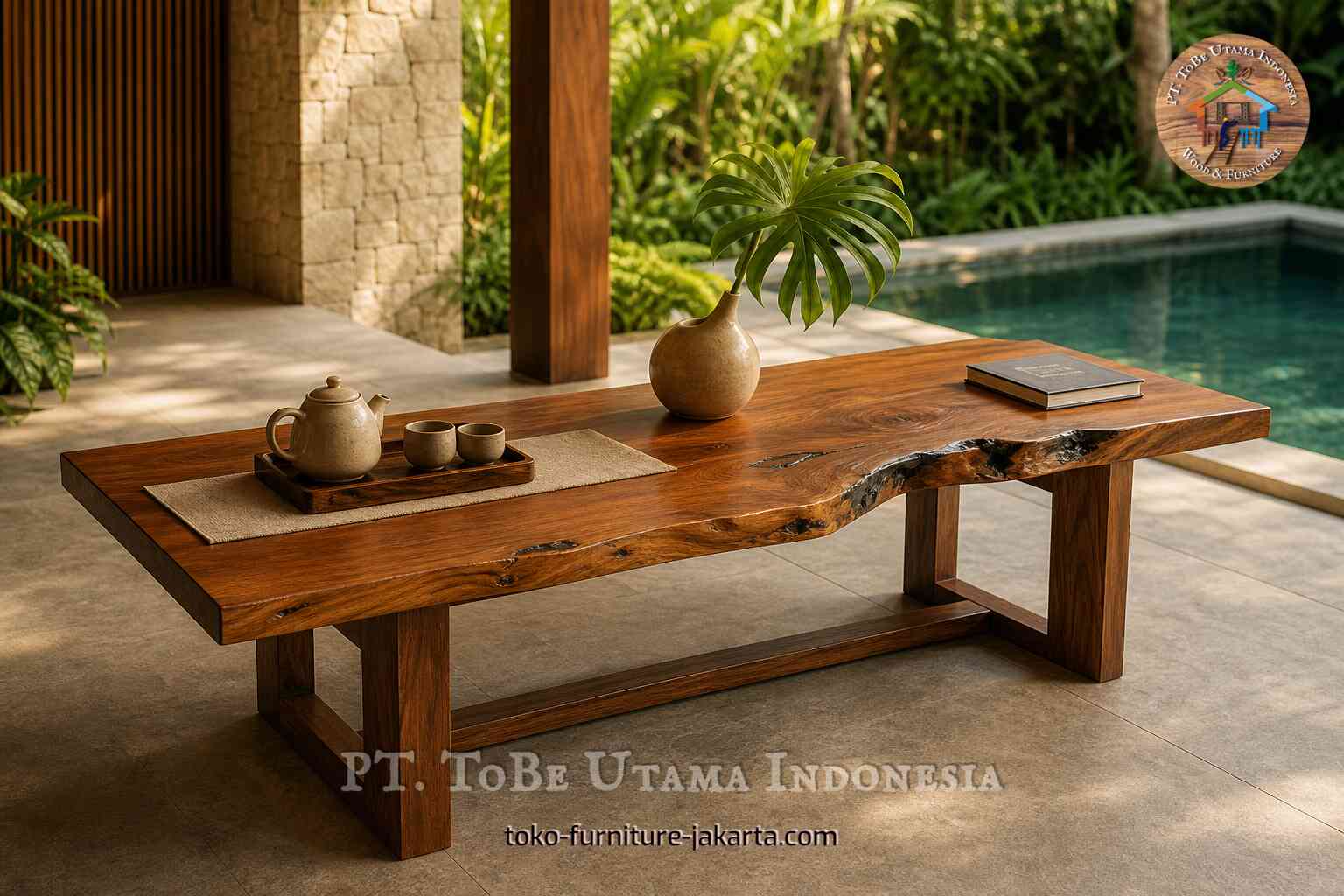 Wood-toned table with natural-edge styling on a patio near a pool with tea set, vase, leaf, and book