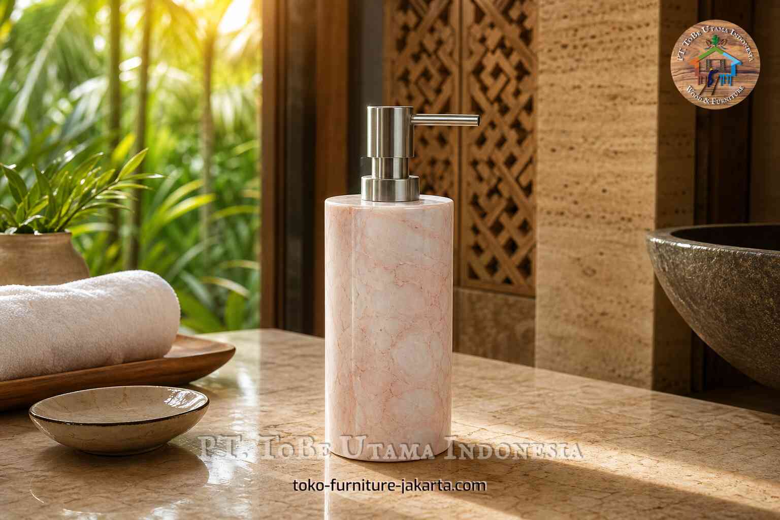 Marble-look soap dispenser on a bathroom vanity counter