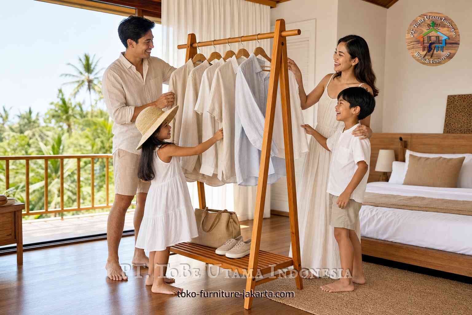 Wood-toned A-frame garment rack with shirts and hangers in a bright family bedroom near a balcony