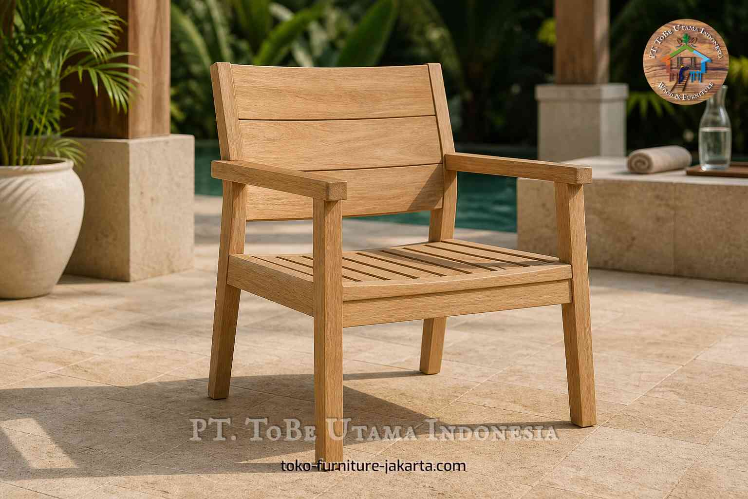Kursi berlengan minimalis bernuansa kayu dengan dudukan berpalang di teras tepi kolam renang.