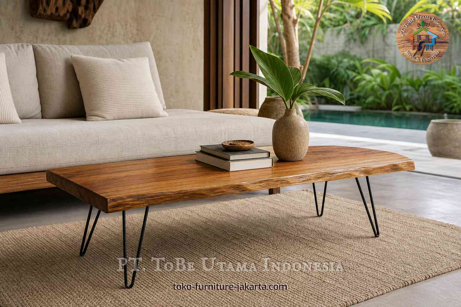 Meja kopi kayu dengan kaki berbentuk jepit rambut yang ditata di ruang tamu modern di samping sofa.