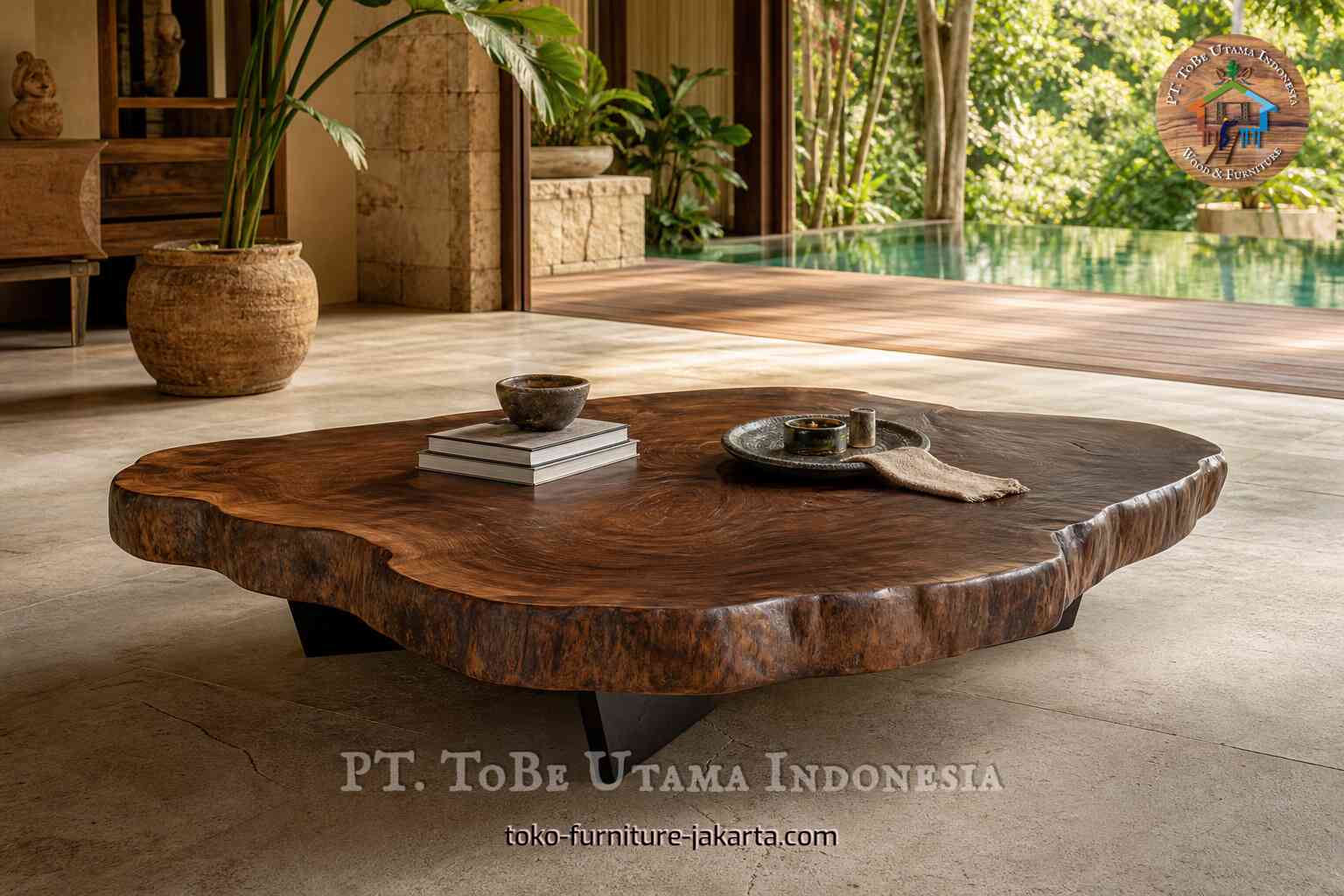 Large wood-toned coffee table with thick irregular-edge top and dark base in a sunlit living space