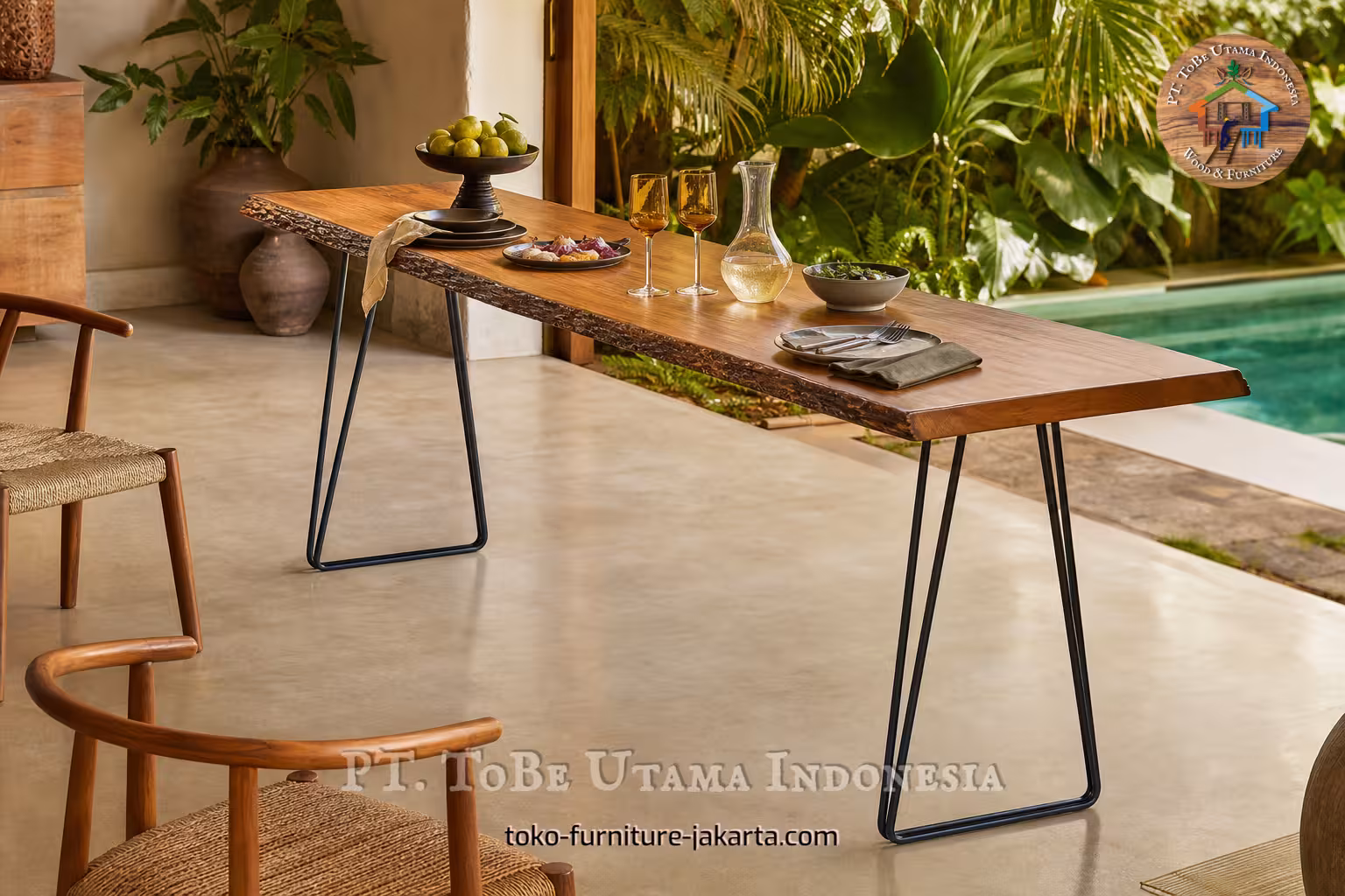 Live-edge style dining table with black hairpin legs set with dishes near a poolside garden