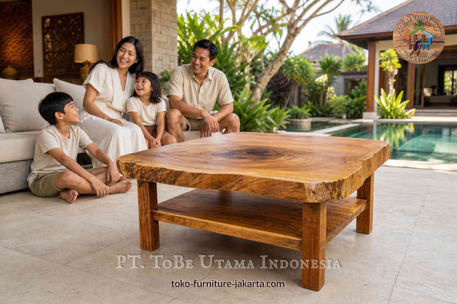 Meja rendah bergaya live-edge dengan finishing kayu hangat, kaki yang kokoh, dan rak bawah di ruang tamu vila terbuka.