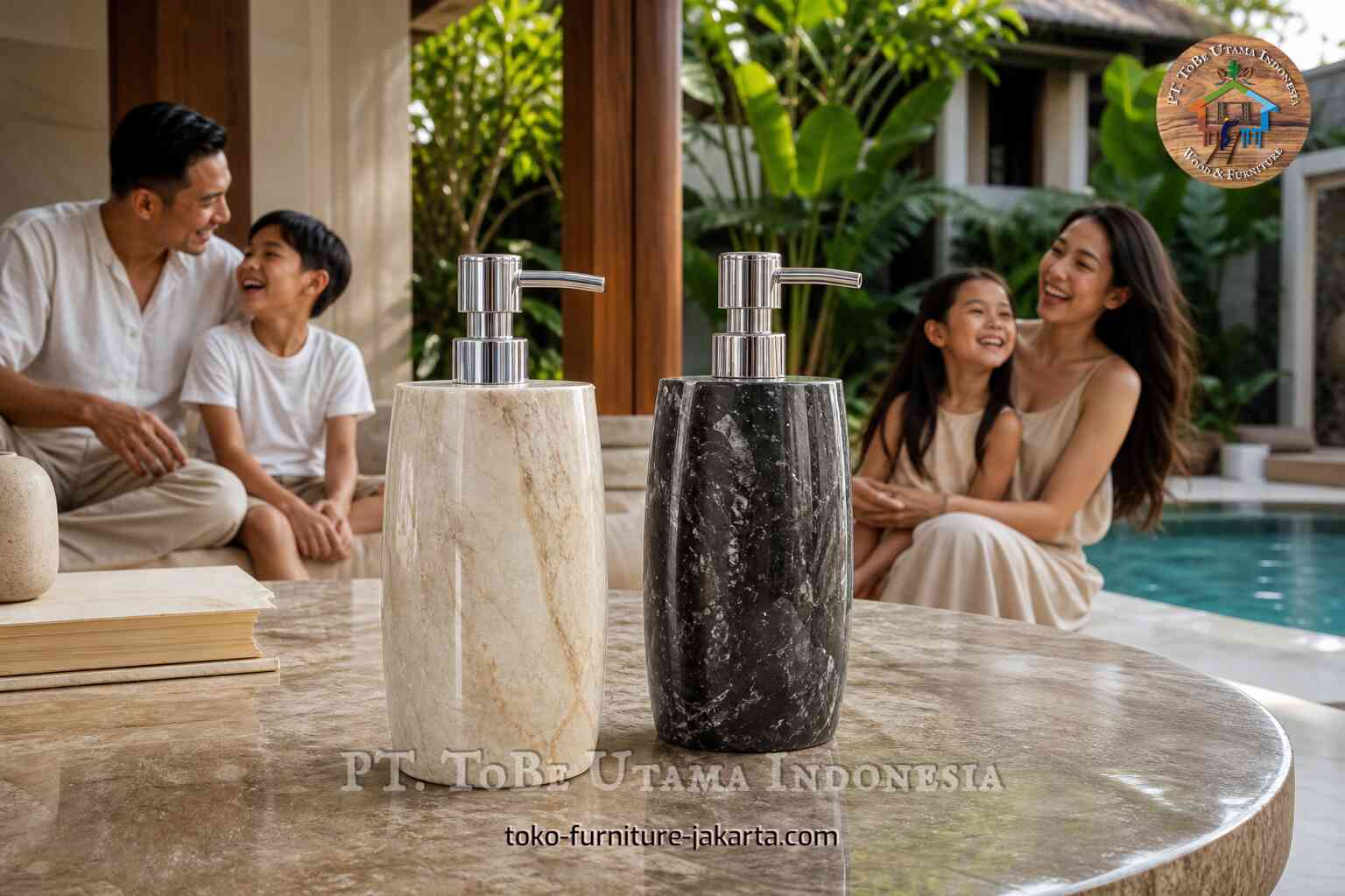 Dua botol pompa bermotif marmer di atas meja dekat area tempat duduk di tepi kolam renang.