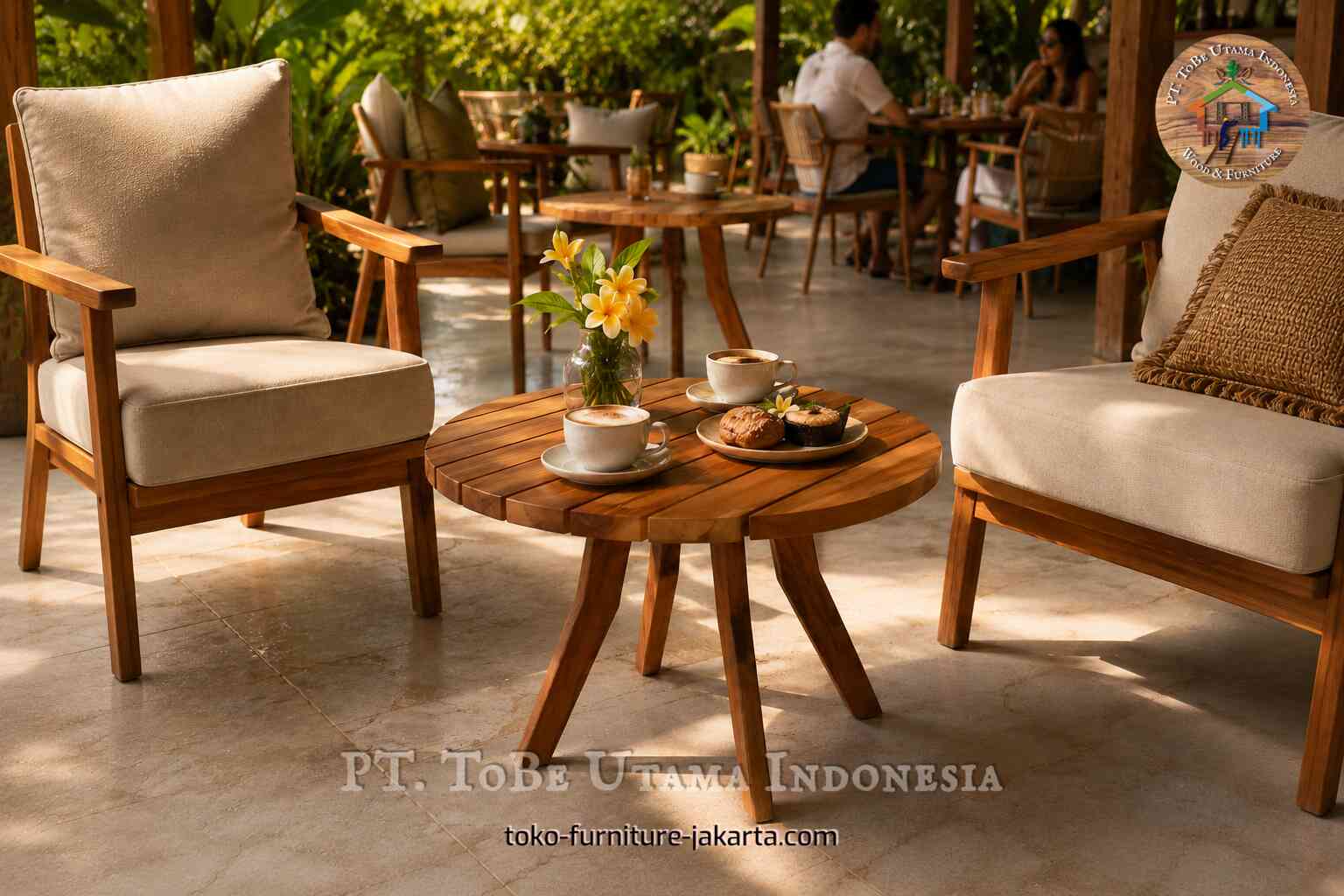 Round wooden patio table with slatted top and rounded edge in a covered outdoor seating area