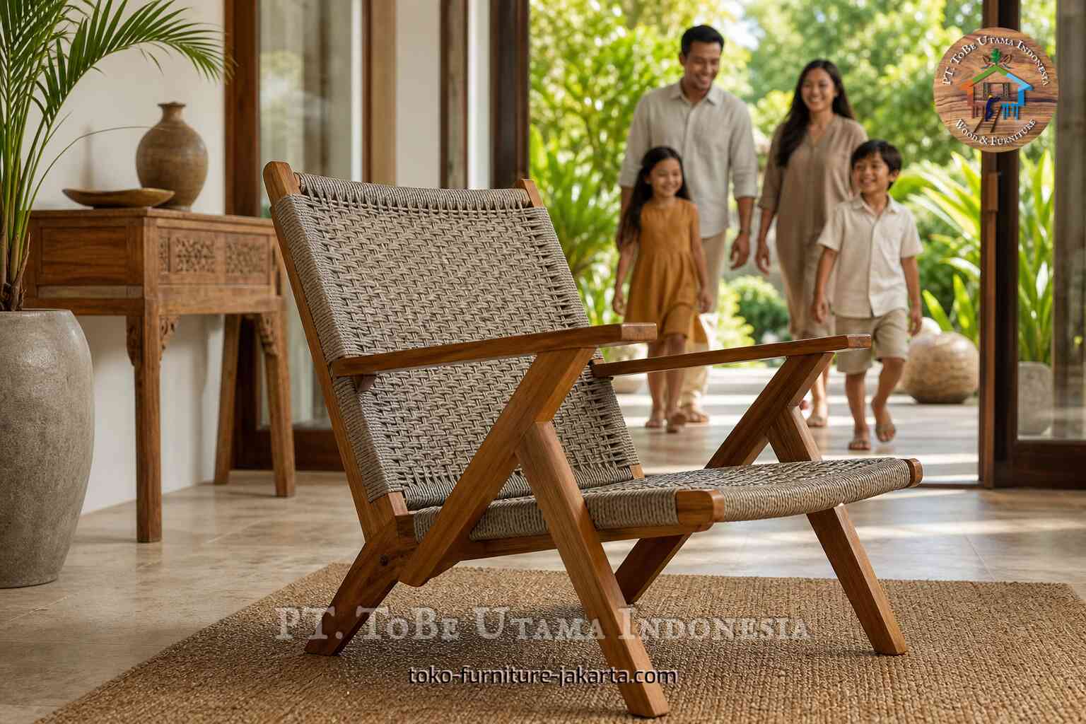 Kursi aksen anyaman dengan rangka berwarna kayu hangat di beranda tertutup dengan keluarga di latar belakang.