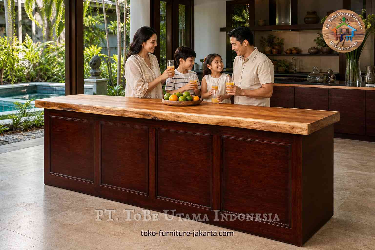 Family sharing drinks around a minimalist wood-tone kitchen bar table in a bright indoor-outdoor kitchen