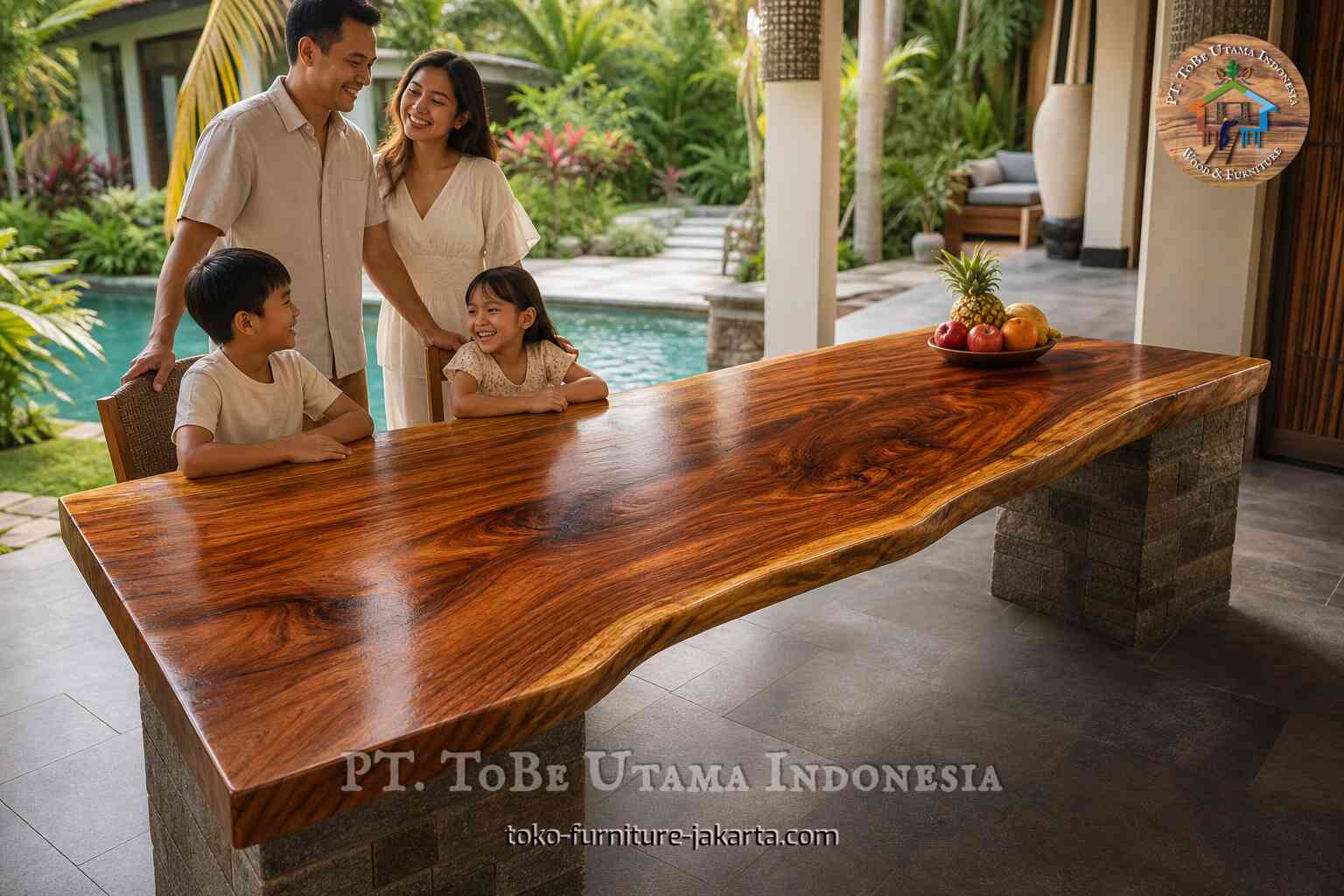 Meja kayu dengan tepi alami yang mengkilap di atas penyangga batu di teras tropis bersama keluarga di dekat kolam renang.