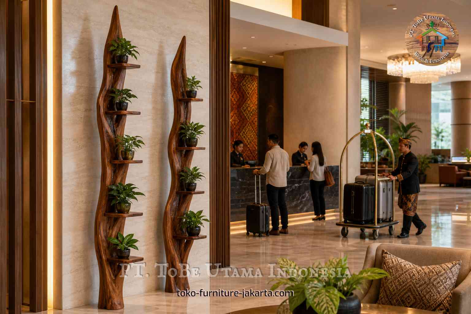 Tall wood-finish plant display shelves in a hotel lobby