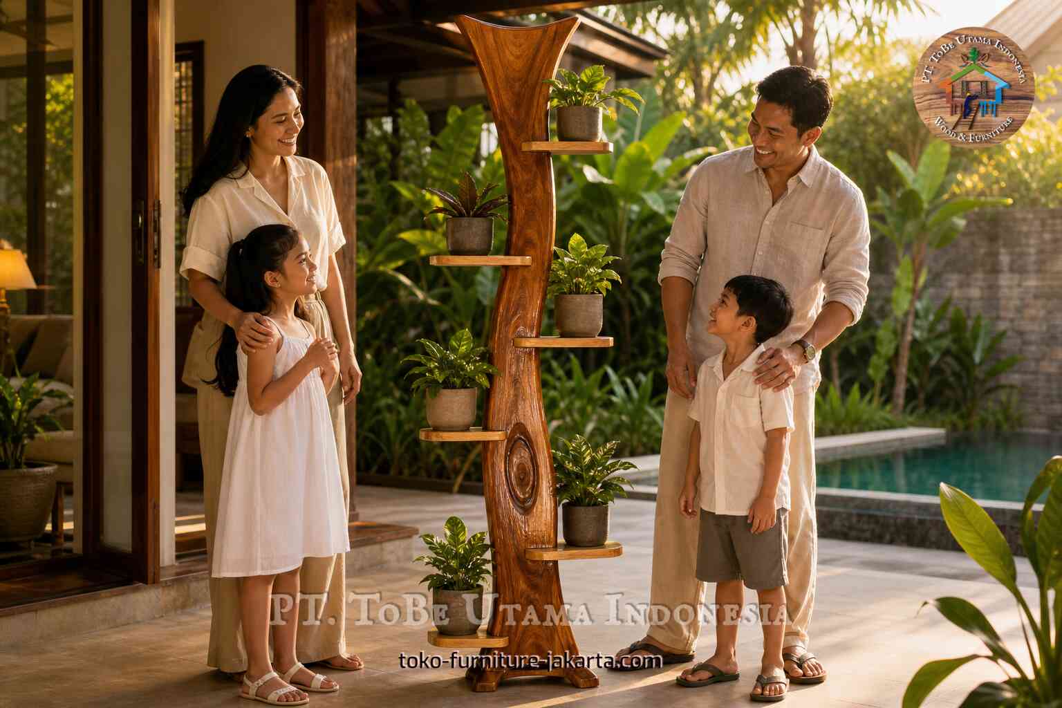 Tall wood-finish plant display stand beside a poolside terrace