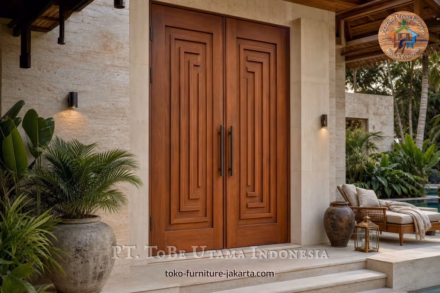 Pintu masuk ganda dengan finishing kayu dan panel timbul geometris.