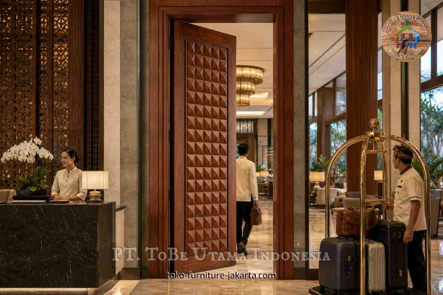 Pintu lobi hotel dengan finishing kayu dan panel timbul berpola piramida.