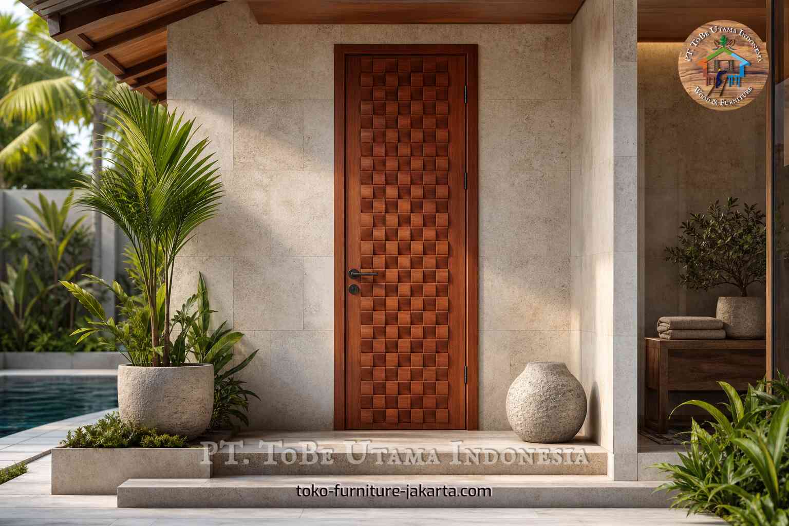 Modern wood-finish exterior door with block-pattern front panel